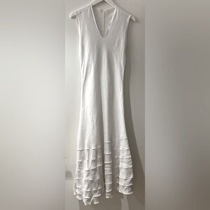 White linen dress with stitched detailing